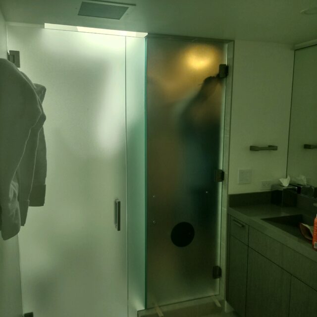 Frameless shower door and enclosure with frosted glass.