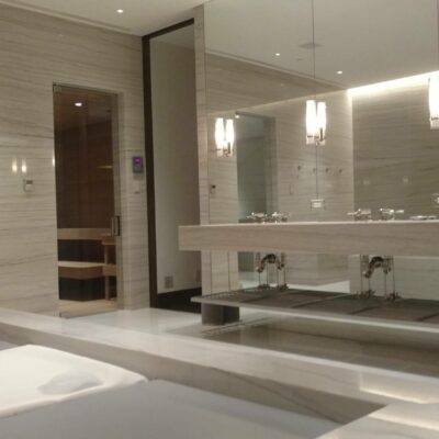 Custom Bath with Sauna Glass Door, Steam Room Glass Door, Mirrors in this up scale residential bathroom.